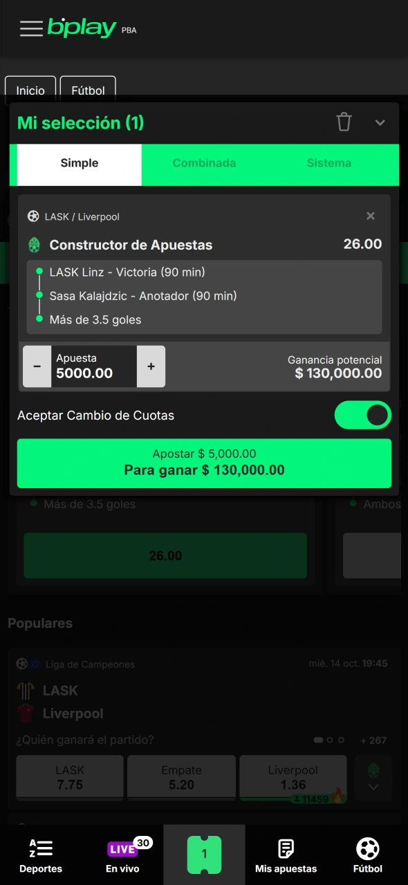 Confirmá tu apuesta seleccionando tus pronósticos en el boleto de Bplay Argentina.