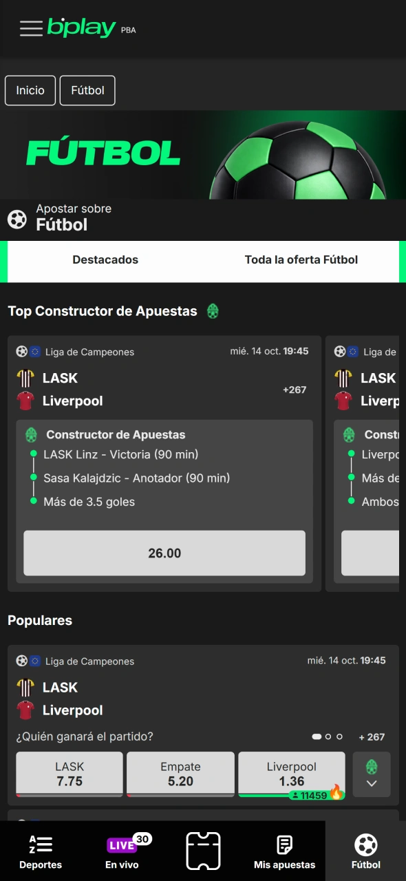 Navegá a la sección de Fútbol y selecciona tus partidos favoritos en Bplay.