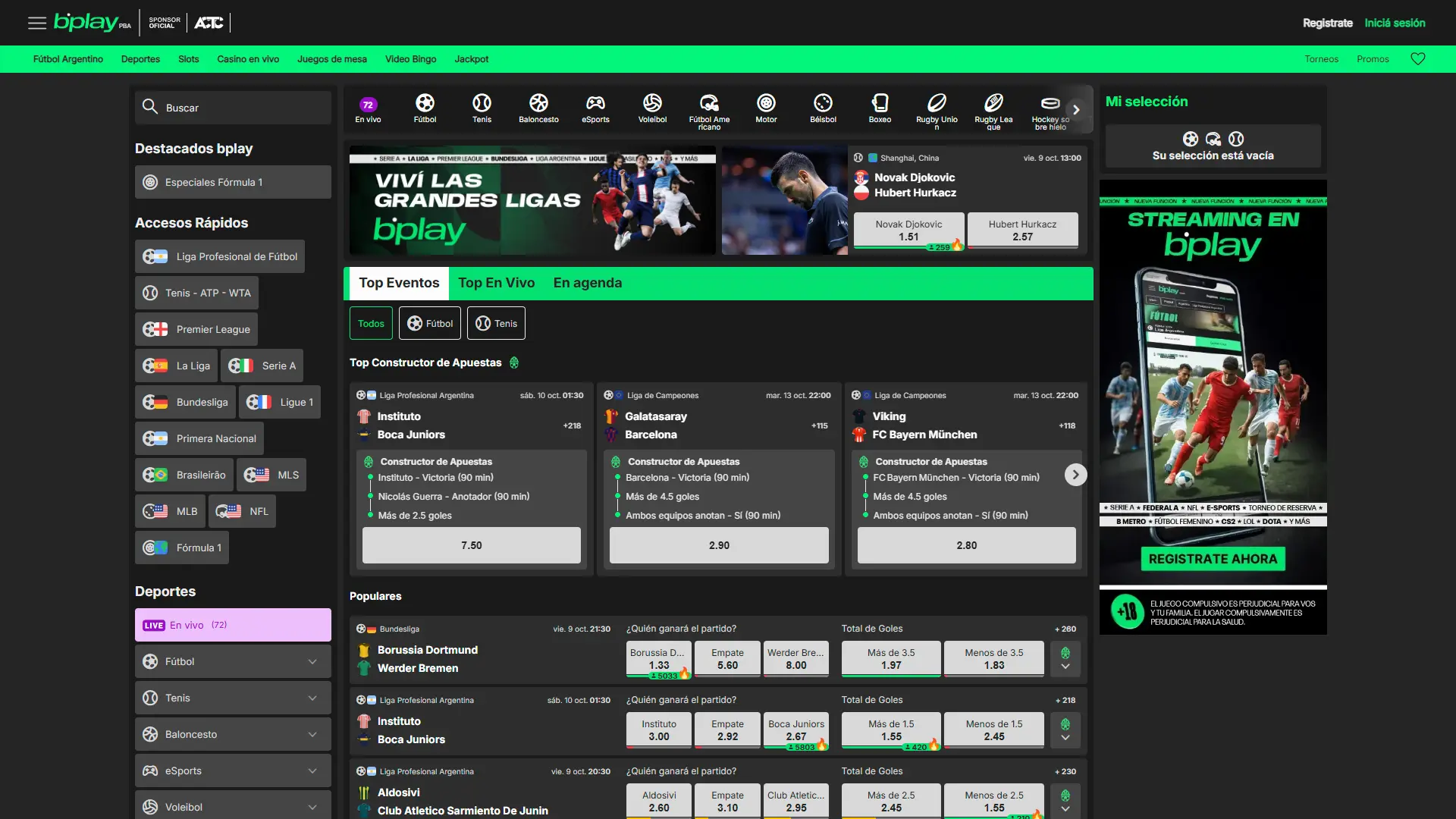 Apuesta en una amplia variedad de eventos deportivos con cuotas competitivas en Bplay.
