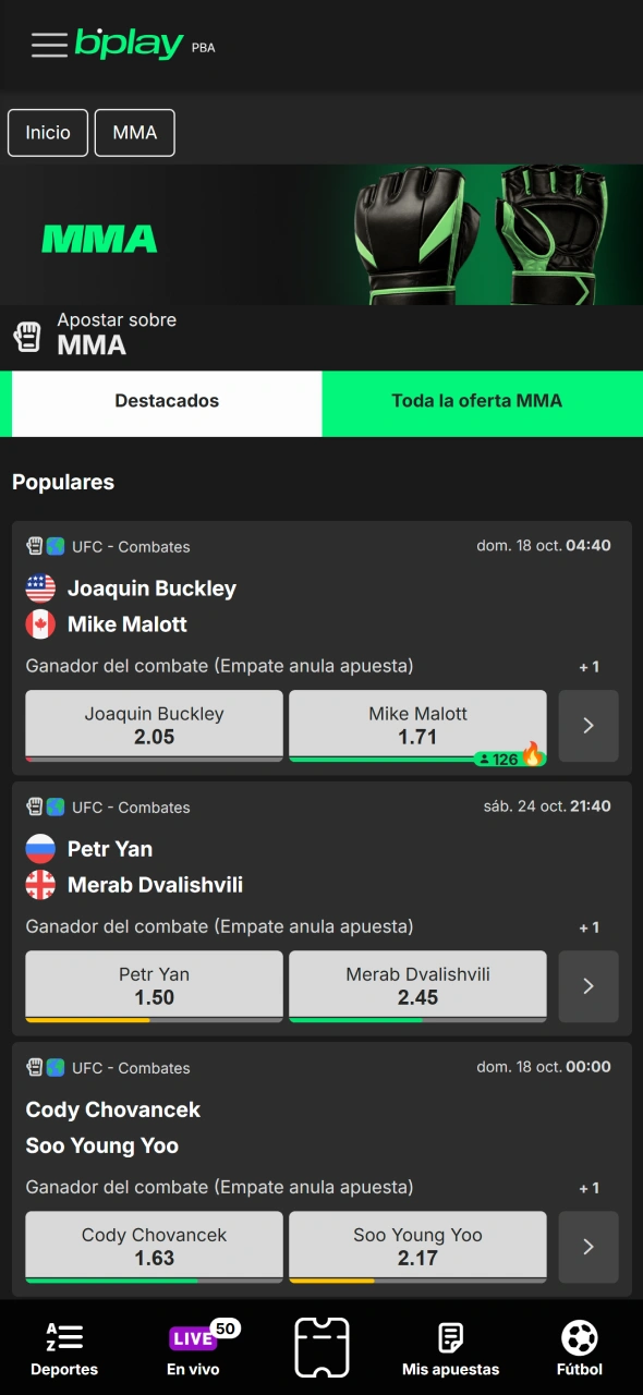 Elegí el evento y el mercado de combate que prefieras en Bplay.