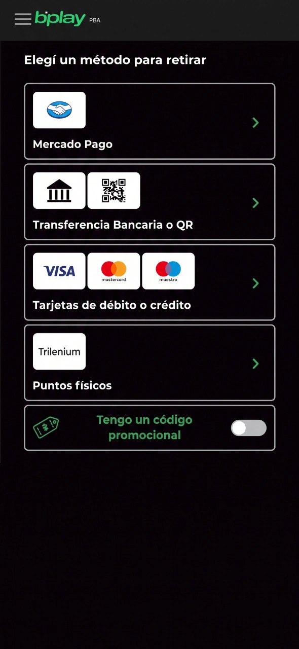 Seleccioná tu método de retiro preferido para cobrar en Bplay.