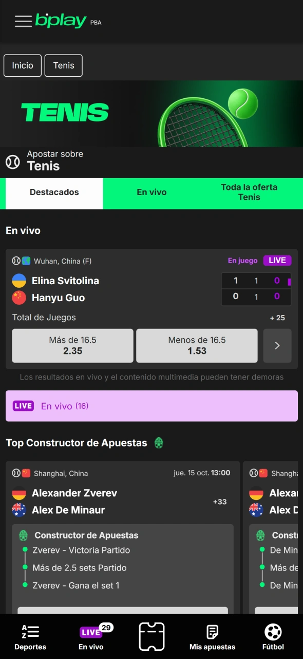 Navegá hacia la sección de Tenis dentro de la plataforma Bplay.